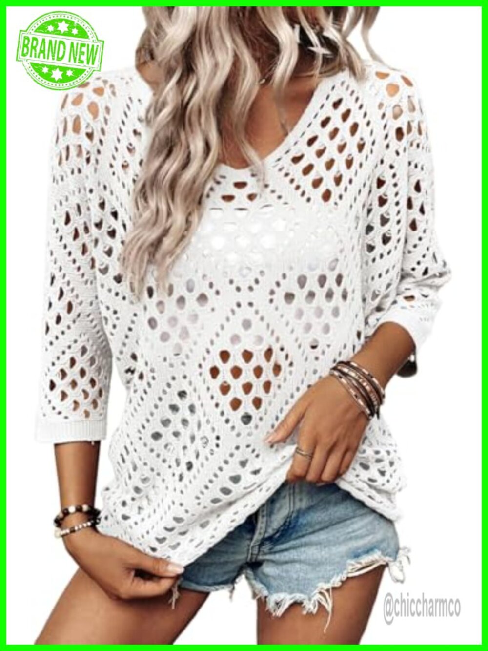 SHEWIN Women's Crochet Hollow Out Pullover Sweater V-Neck 3/4 Sleeve Top